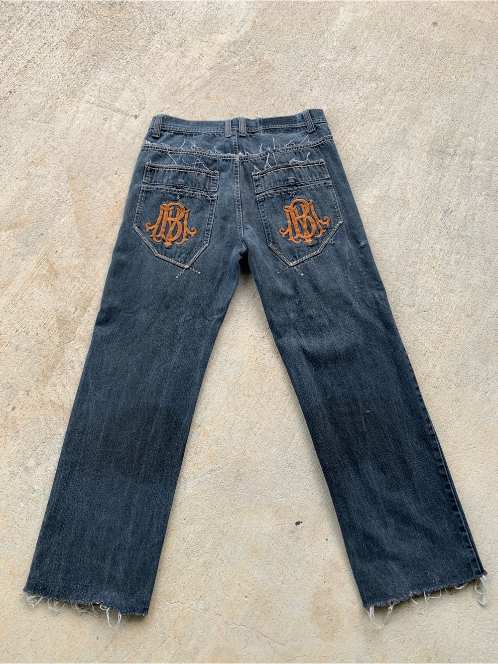 Men's Relaxed Dark Gray Jeans with Orange Pocket Embroidery